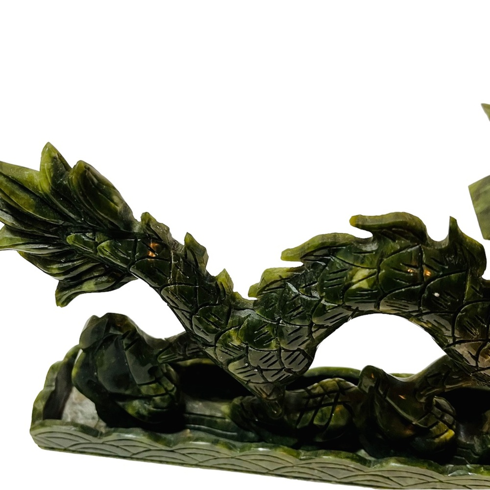 Carved Stone Fierce Dragon Statue Holding Orb Sphere Ball Green Maybe Old Jade - Picture 6 of 11